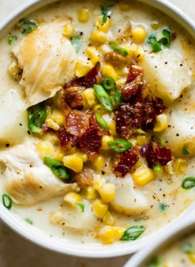 Bowl of easy chicken and corn chowder topped with herbs and served with bread