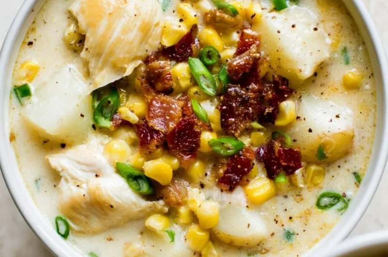 Bowl of easy chicken and corn chowder topped with herbs and served with bread