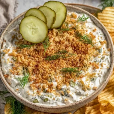 Delicious dairy-free fried pickle dip served in a bowl with chips