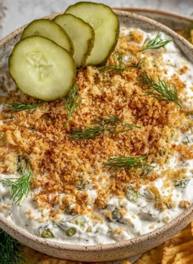 Delicious dairy-free fried pickle dip served in a bowl with chips