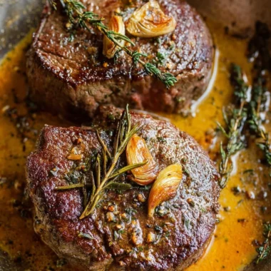 Delicious Filet Mignon steak with garlic herb butter on a plate.