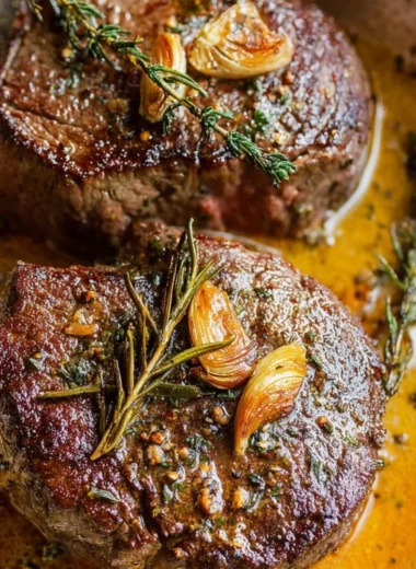 Delicious Filet Mignon steak with garlic herb butter on a plate.