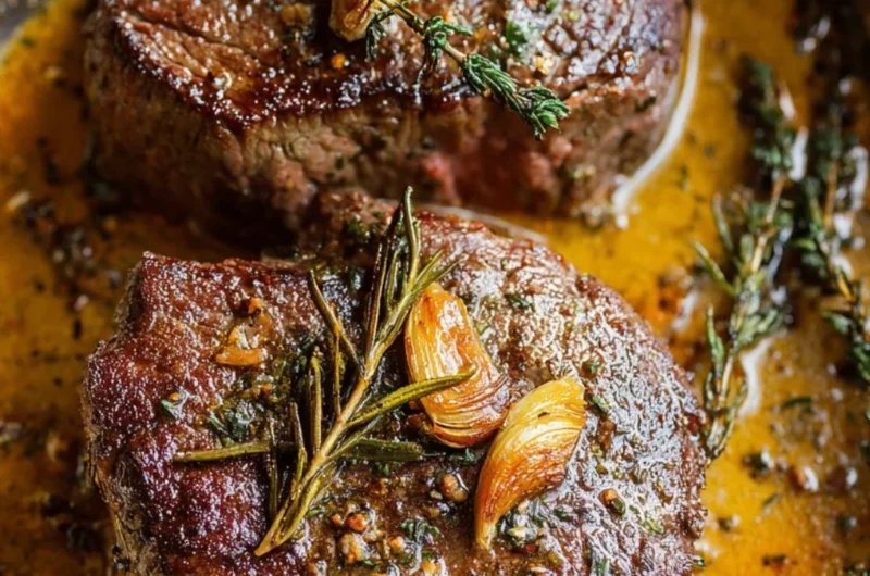 Delicious Filet Mignon steak with garlic herb butter on a plate.