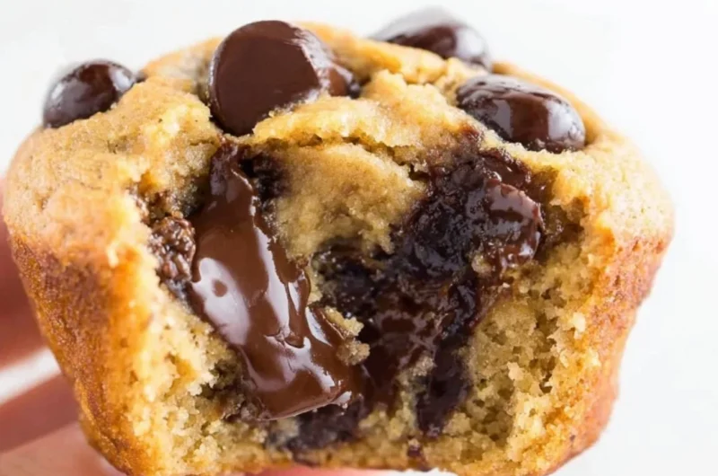 Flourless peanut butter banana muffins on a wooden table.