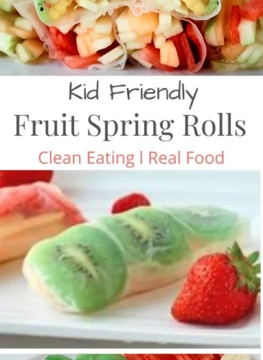 Colorful and fresh fruit spring rolls served on a platter for kids party.