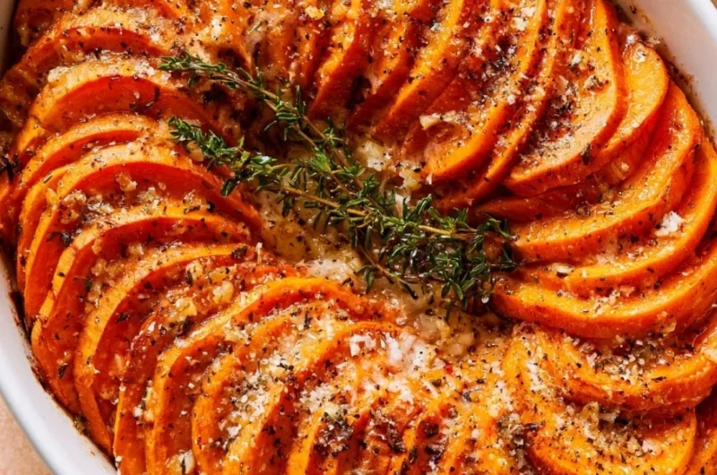 Bowl of Garlic Parmesan Roasted Sweet Potatoes garnished with herbs