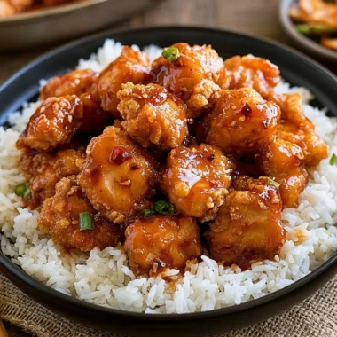 Delicious General Tso's Chicken served with steamed rice and vegetables