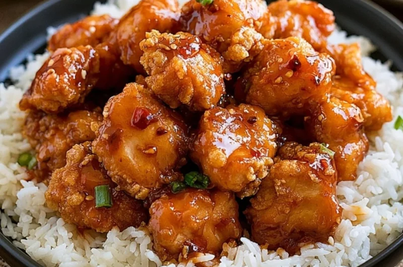 Delicious General Tso's Chicken served with steamed rice and vegetables