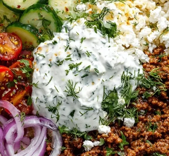 Delicious Greek Ground Beef Bowl topped with creamy Tzatziki sauce
