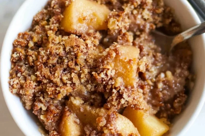 Healthy breakfast apple crumble topped with oats and served in a bowl