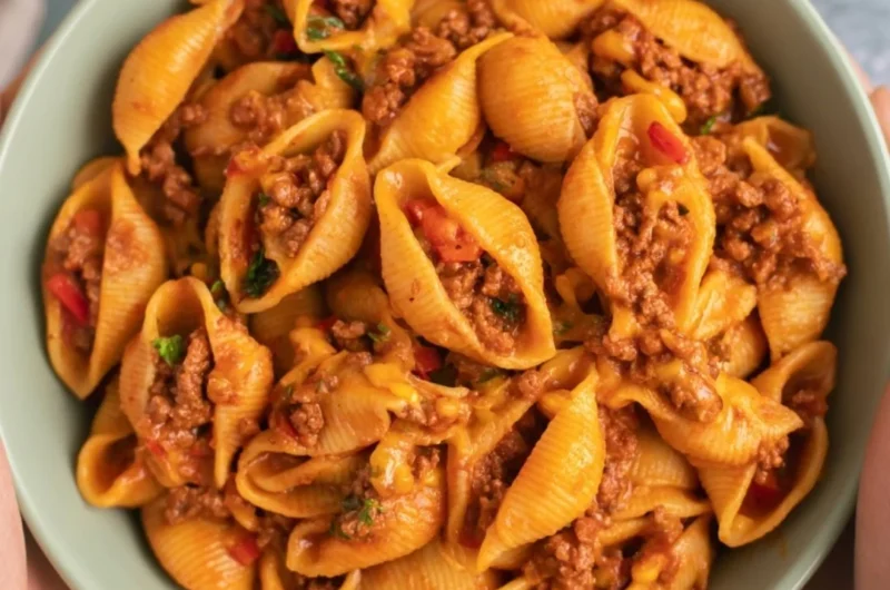 A delicious bowl of high protein taco pasta topped with fresh herbs and cheese.