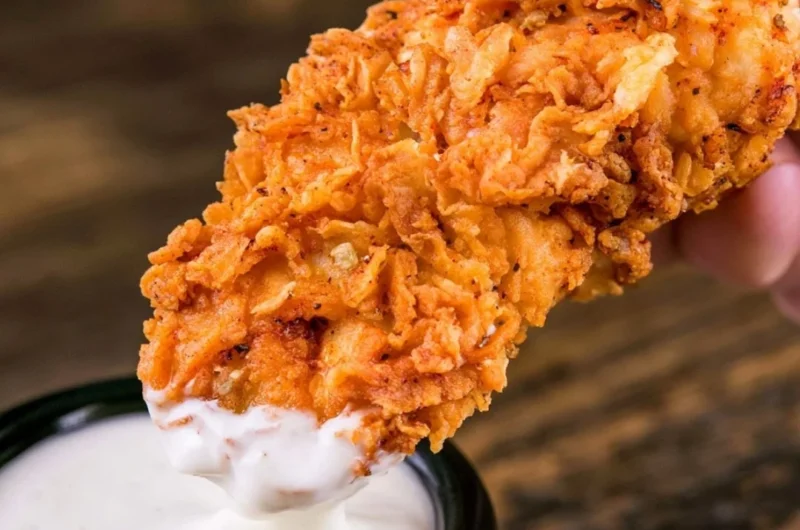 Crispy homemade buttermilk chicken tenders on a plate ready to be served