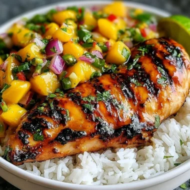 Honey Lime Chicken served with fresh mango salsa on a plate