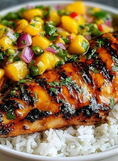 Honey Lime Chicken served with fresh mango salsa on a plate