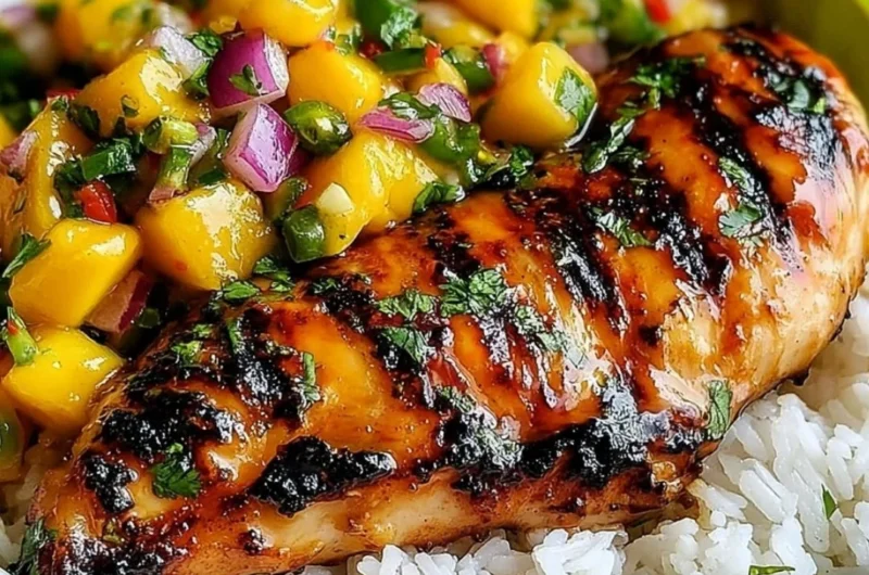 Honey Lime Chicken served with fresh mango salsa on a plate