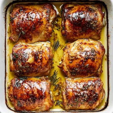 Juicy honey mustard chicken thighs garnished with herbs on a plate