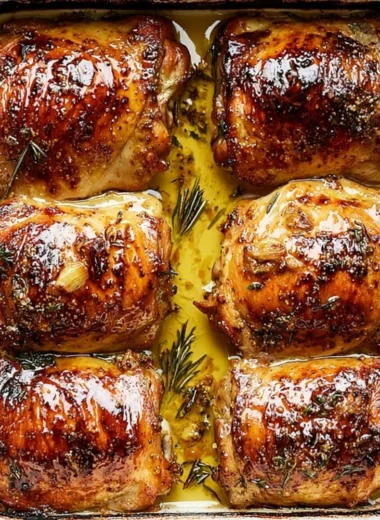 Juicy honey mustard chicken thighs garnished with herbs on a plate