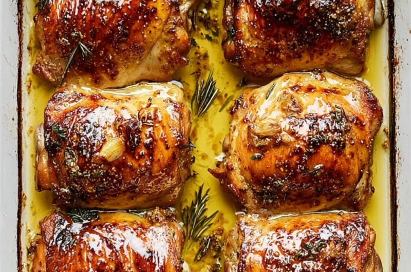 Juicy honey mustard chicken thighs garnished with herbs on a plate