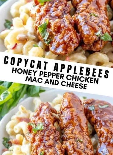 Delicious Honey Pepper Chicken Mac and Cheese dish, featuring creamy cheese and spicy chicken.