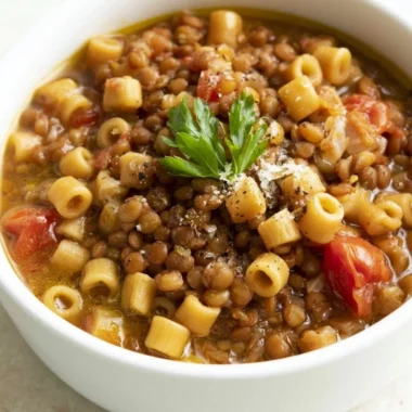 Italian pasta dish with lentils garnished with fresh herbs