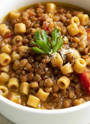 Italian pasta dish with lentils garnished with fresh herbs