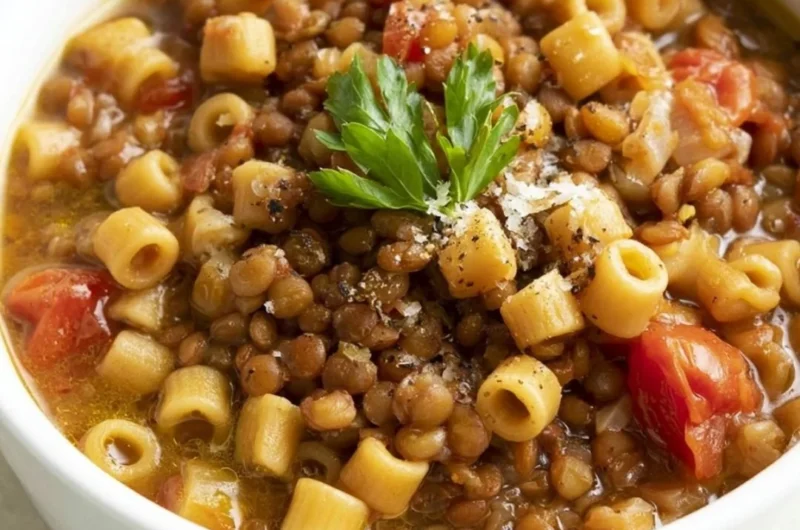 Italian pasta dish with lentils garnished with fresh herbs