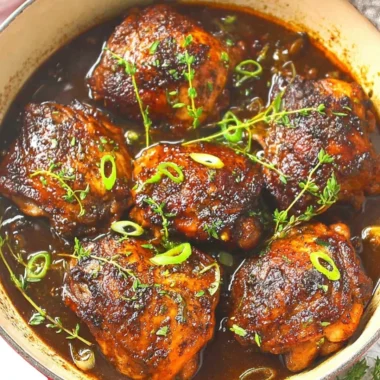 Slow cooker jerk chicken garnished with fresh herbs and spices