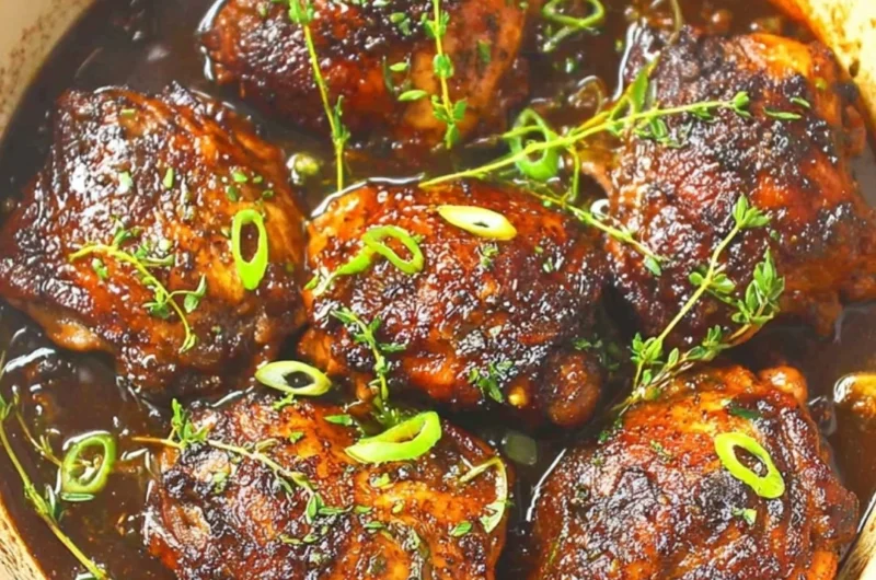 Slow cooker jerk chicken garnished with fresh herbs and spices