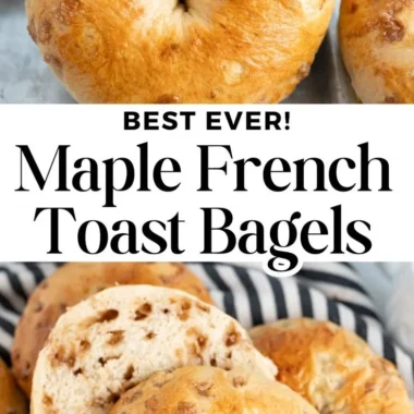 Delicious Maple French Toast Bagels topped with syrup and berries