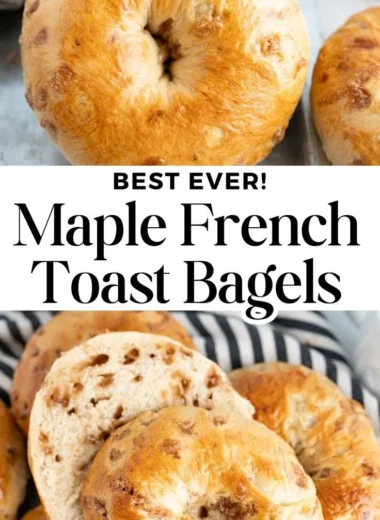 Delicious Maple French Toast Bagels topped with syrup and berries