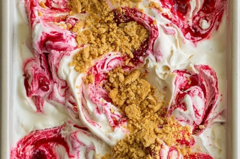 Delicious no churn cherry cheesecake ice cream in a bowl with cherries on top.