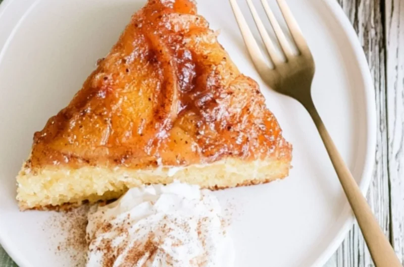 Delicious Peach Upside Down Cake with caramelized peaches on top