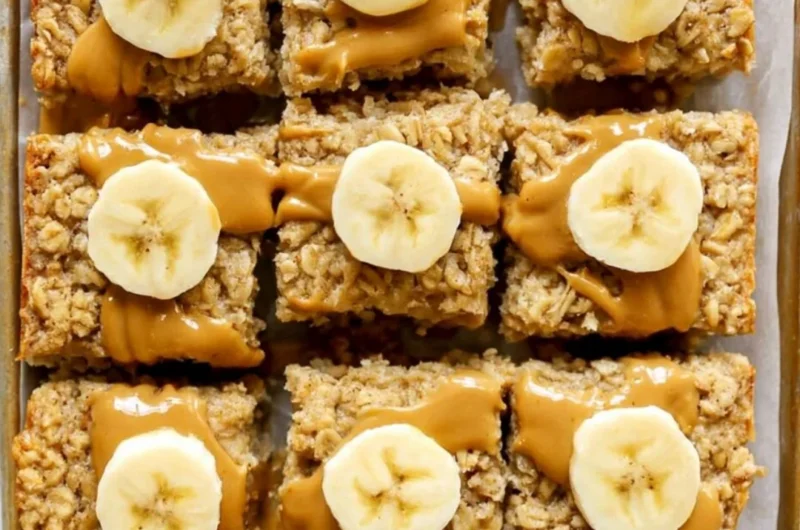 Peanut butter banana baked oatmeal in a bowl, topped with banana slices and peanut butter.