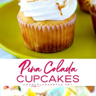 Delicious Pina Colada cupcakes topped with creamy coconut frosting