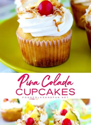 Delicious Pina Colada cupcakes topped with creamy coconut frosting