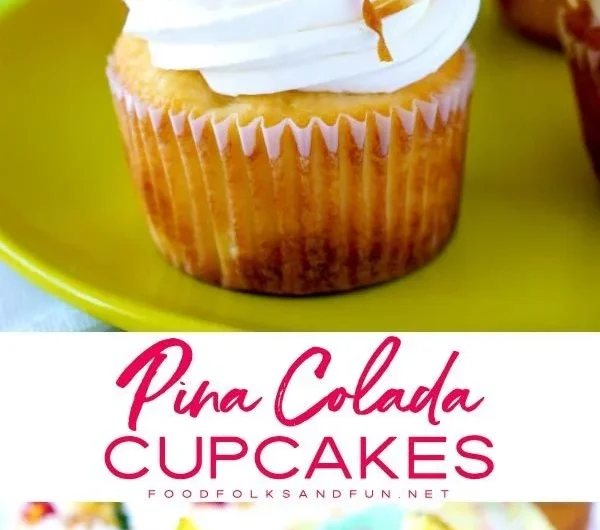 Delicious Pina Colada cupcakes topped with creamy coconut frosting