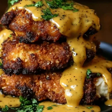Crispy pretzel chicken served with dipping sauce on a plate