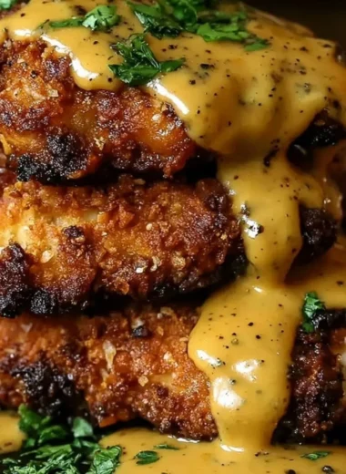 Crispy pretzel chicken served with dipping sauce on a plate