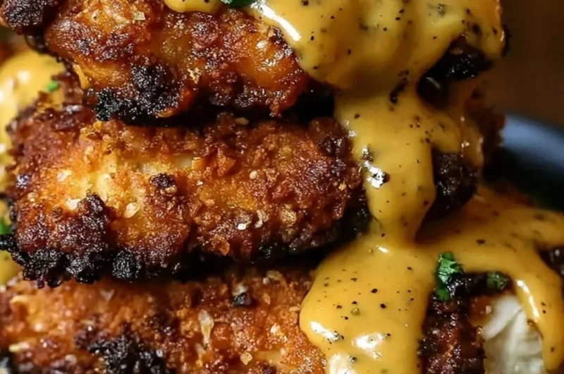 Crispy pretzel chicken served with dipping sauce on a plate