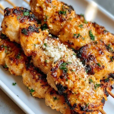 Delicious Ranch Garlic Parmesan Chicken Skewers on a wooden platter