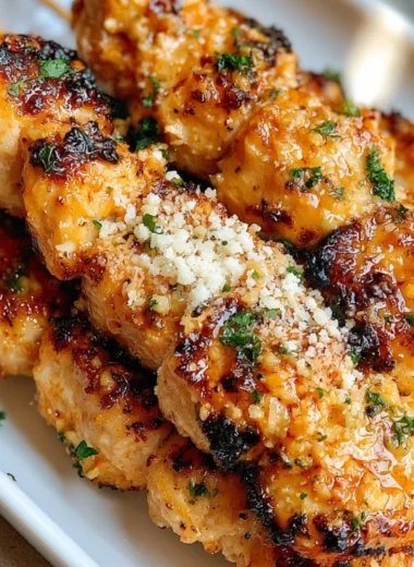 Delicious Ranch Garlic Parmesan Chicken Skewers on a wooden platter