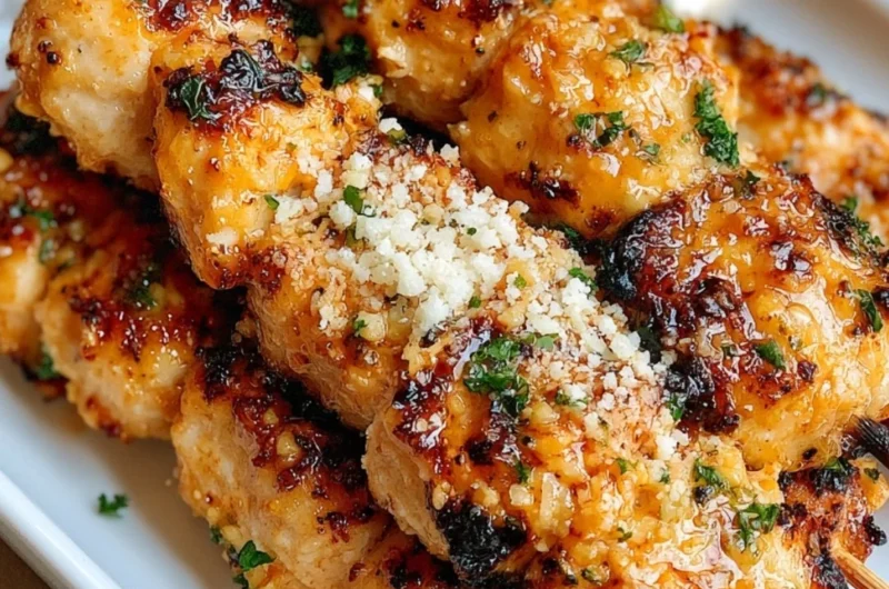 Delicious Ranch Garlic Parmesan Chicken Skewers on a wooden platter