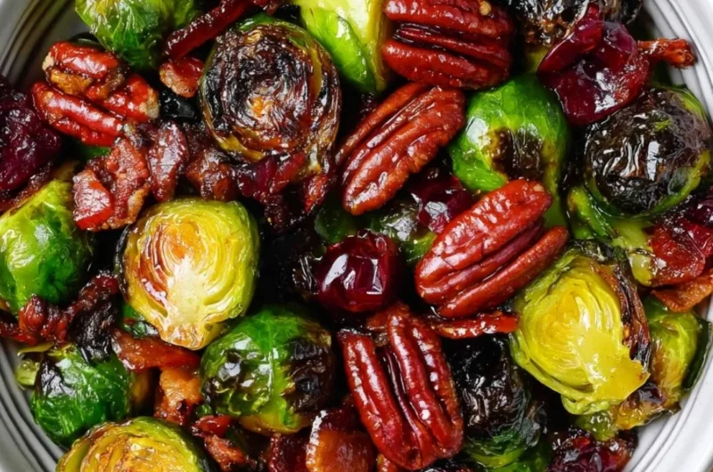 Roasted Brussels sprouts with bacon, pecans, and cranberries in a dish