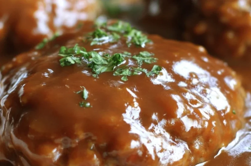 Homemade Salisbury Steak served with gravy and mashed potatoes