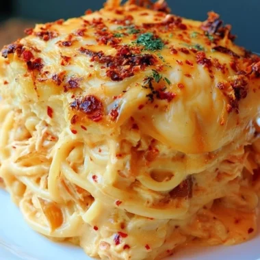 Spicy Southern Cheesy Chicken Spaghetti Casserole topped with melted cheese