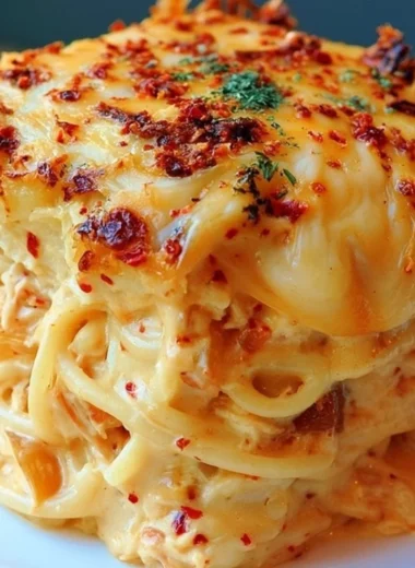 Spicy Southern Cheesy Chicken Spaghetti Casserole topped with melted cheese