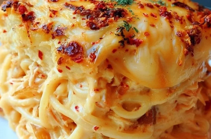 Spicy Southern Cheesy Chicken Spaghetti Casserole topped with melted cheese
