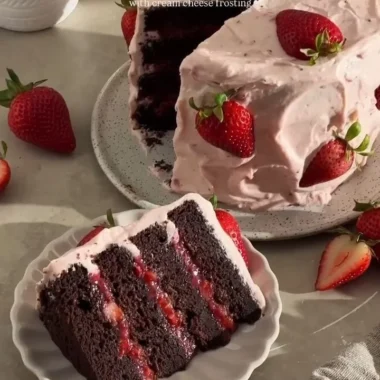 Delicious homemade strawberry chocolate cake with fresh strawberries and chocolate frosting