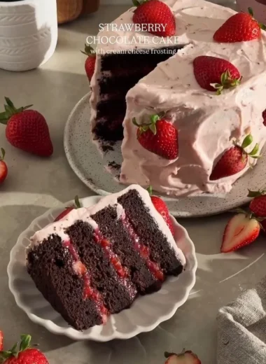 Delicious homemade strawberry chocolate cake with fresh strawberries and chocolate frosting