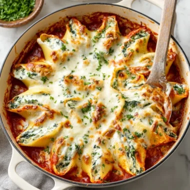 Baked stuffed shells filled with cream cheese and marinara sauce